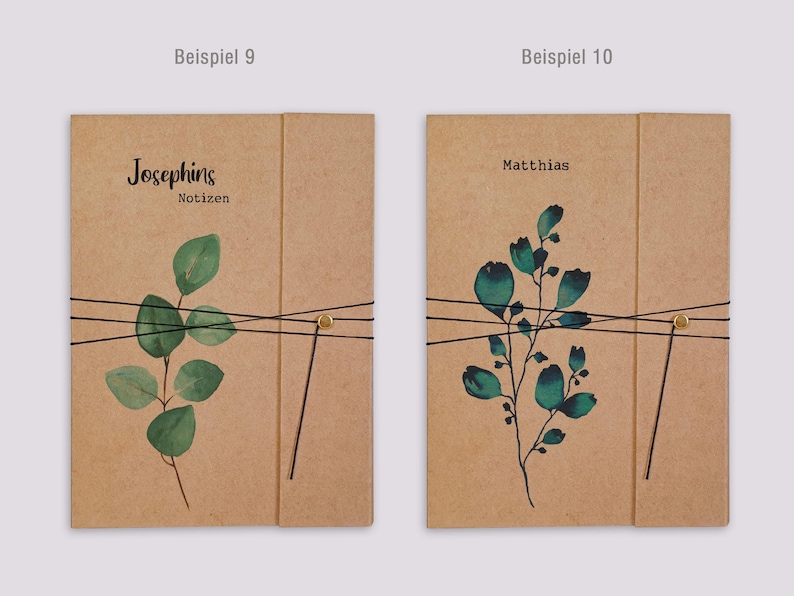 May include: Two rectangular kraft paper notebooks with black elastic closures and gold-toned fasteners. The left notebook features a green eucalyptus branch illustration and the text "Josephins Notizen". The right notebook displays a dark green floral branch and the name "Matthias".