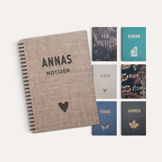 Hardcover notebook with textile cover, personalized with name and graphic, 100 pages **personalized gifts for him and her**
