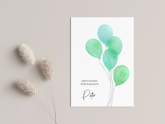 Birthday card watercolor "Green Balloons" - personalized with name