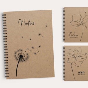 Notebook personalized with ring binding, kraft paper cover with floral motifs, dot grid inside pages ** personalized gifts **