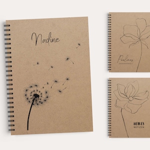 Quaderno personalizzato con rilegatura ad anelli, copertina in carta kraft, dente di leone, rosa, griglia a pois all'interno delle pagine ** regali personalizzati **