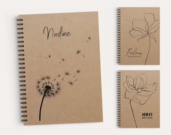 Notebook personalized with ring binding, kraft paper cover with floral motifs, dot grid inside pages ** personalized gifts **