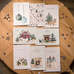 8x Christmas cards in a set, Christmas mail with watercolor winter and Christmas motifs image 1