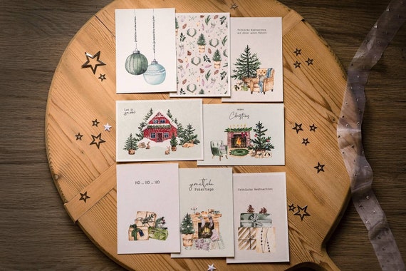8 Christmas cards in a set • unique vintage postcards with romantic watercolor winter motifs • country house • minimalist & timeless