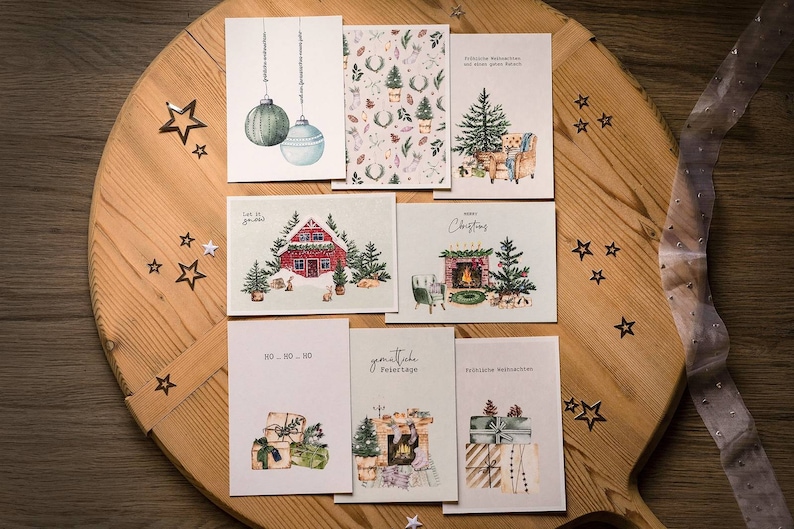 8x Christmas cards in a set, Christmas mail with watercolor winter and Christmas motifs image 1