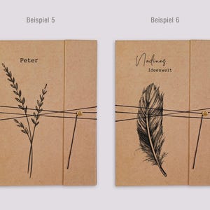May include: Two rectangular kraft paper folders with black elastic closures and gold-toned fasteners. The left folder features a black line drawing of wheat and the text 'Peter'. The right folder displays a black feather illustration and the text 'Nadines Ideenwelt'.