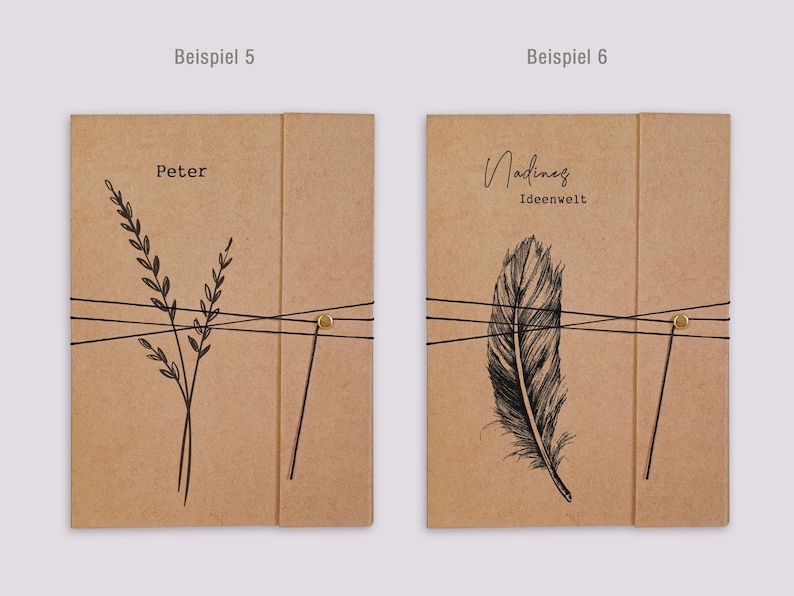 May include: Two rectangular kraft paper folders with black elastic closures and gold-toned fasteners. The left folder features a black line drawing of wheat and the text 'Peter'. The right folder displays a black feather illustration and the text 'Nadines Ideenwelt'.