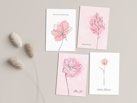 Set of 4 greeting cards in rose tones with floral motifs, birthday greeting cards, optionally with envelopes