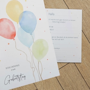 Einladungskarten zum Kinder-Geburtstag mit Aquarell-Luftballons, Postkarte A6, optional mit Kraftpapier Briefumschlägen
