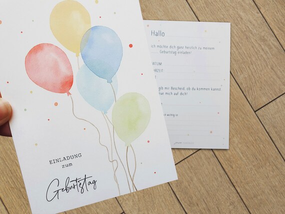 Children's birthday invitation cards with watercolor balloons, postcard A6, optionally with kraft paper envelopes