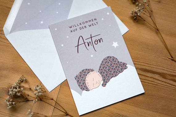 Personalized congratulations card for the birth, folding card A6 with die-cut baby for boy & girl, Welcome to the world