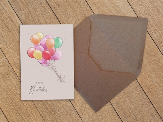 Birthday card, birthday greeting card with watercolor motif: many colorful balloons