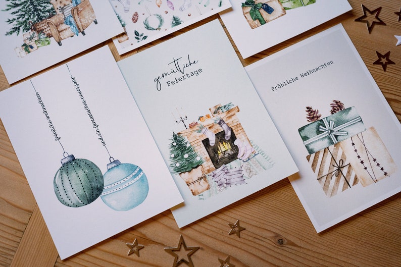 8x Christmas cards in a set, Christmas mail with watercolor winter and Christmas motifs image 2