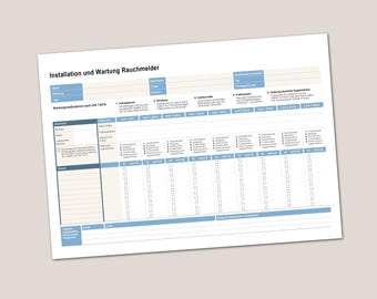 Legally compliant installation and maintenance log for smoke detectors for tenants, landlords or installers, digital template for printing.