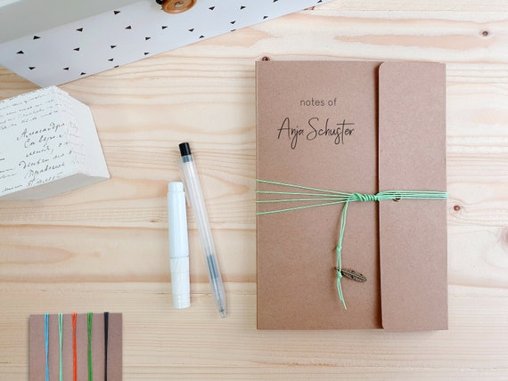 Personalized notebook with kraft paper cover and envelope, 120 inner pages with ring binding, lacing ribbon ** personalized gifts **