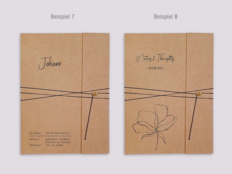 May include: Two rectangular kraft paper folders with black elastic closures and gold fasteners. The left folder features the name Johann and dictionary-style text. The right folder displays the text Notes & Thoughts, SABINE, and a line art flower.