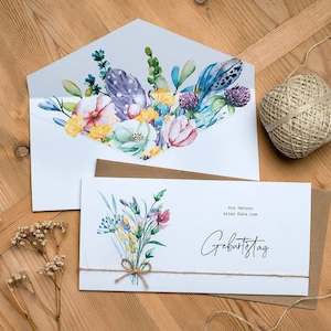 Biglietto d'auguri personalizzato, biglietto d'auguri speciale, fiori ad acquerello con bouquet di sorprese, biglietto pieghevole, DIN lungo