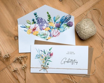 Personalized greeting card, special birthday card, watercolor flowers with surprise bouquet, folded card, DL size