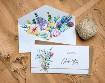 Glückwunschkarte personalisierbar, besondere Geburtstags-Karte, Aquarell-Blumen mit Blumenstrauß Überraschung, Klappkarte, DIN Lang