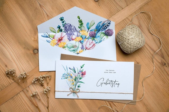 Personalizable greeting card, special birthday card, watercolor flowers with bouquet surprise, folding card, DIN long