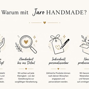 May include: An informational graphic titled Warum mit Jaro HANDMADE? featuring four black and gold line art icons. The icons depict hands holding a heart, a magnifying glass over a heart, a gift tag being written on, and a box with plants.