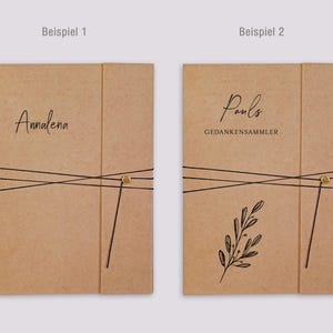 May include: Two rectangular kraft paper folders with black elastic cord closures secured by a small gold button. The left folder features the name Annalena in black script. The right folder displays the name Pauls, the text GEDANKENSAMMLER, and a leaf illustration.