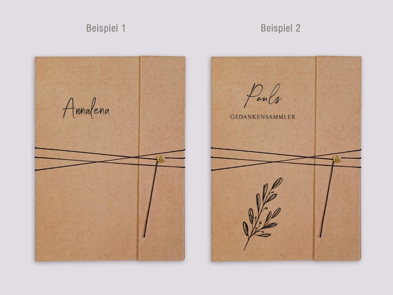May include: Two rectangular kraft paper folders with black elastic cord closures secured by a small gold button. The left folder features the name Annalena in black script. The right folder displays the name Pauls, the text GEDANKENSAMMLER, and a leaf illustration.