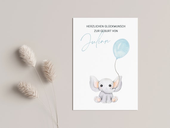 Birth card watercolor motif "Elephant with blue balloon" - personalized with name