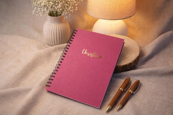 Personalized "Berry" notebook with rose gold accents • handmade • ring bound • stylish journal with name - special gifts for him & her