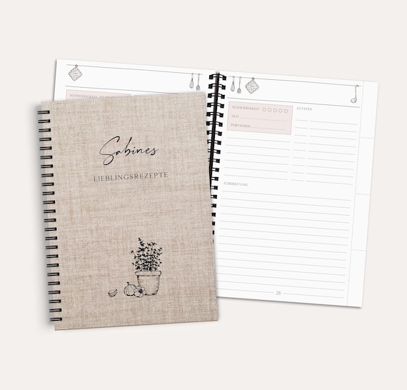 Hardcover recipe book with textile cover >>> personalized, A5 with inside pages to fill out yourself, including pocket / compartment