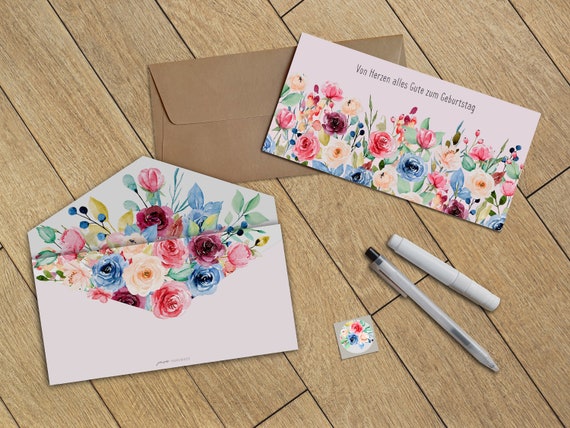 Congratulations card / birthday card - personalizable - birthday card, watercolor flowers with bouquet surprise, red-pink