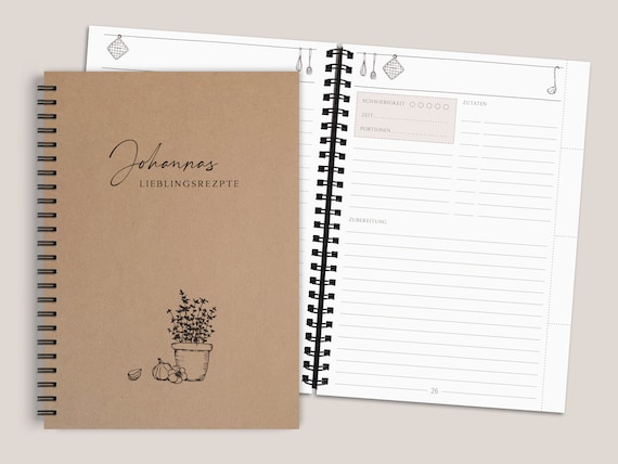 Personalized A5 recipe book with inside pages for filling out and recording recipes, including pocket / compartment >> Available in many colors