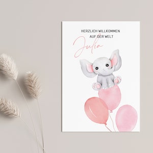 Carte de naissance avec motif aquarelle "Éléphant aux ballons roses" - personnalisée avec nom