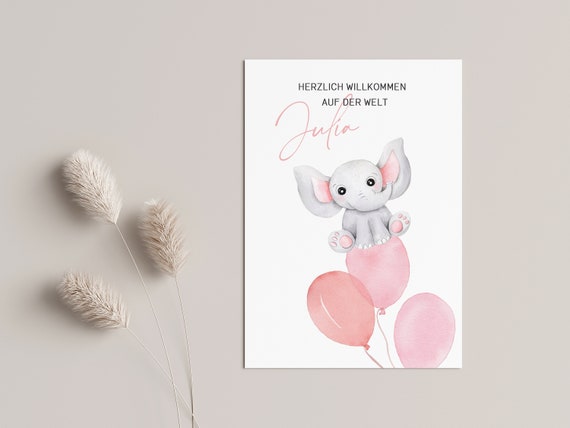 Birth card watercolor motif "Elephant with pink balloons" - personalized with name