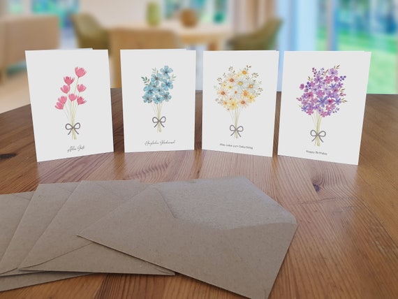 4 greeting cards with wildflowers and a punched bow | Birthday card | Greeting card | A6 folding card | Set with envelopes