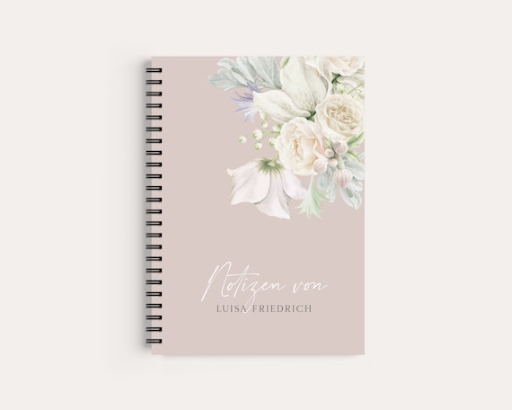 Personalized notebook with ring binding, cover with white flowers, vintage ** personalized gifts **