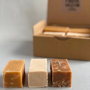 Op de afbeelding: Drie verschillende smaken fudge in een doos. De fudge is in vierkanten en is lichtbruin, wit en donkerbruin.