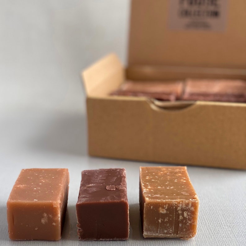 Op de afbeelding: Drie fudge-vierkanten in een doos. De fudge-vierkanten zijn bruin, lichtbruin en donkerbruin. De doos is van karton en heeft een label met de tekst "Fudge Collection".