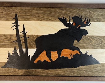 Wooden Moose Wall Décor, Wooden Moose and Mountain, Rustic Moose and Mountain Décor, Moose Wall Décor, Moose Home Décor,