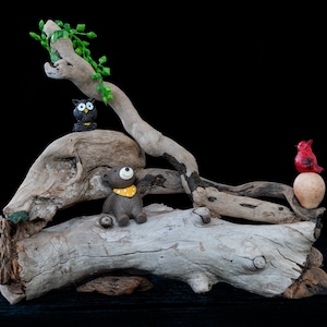 Driftwood Sculpture w/ Cute Bear, Owl, and Bird