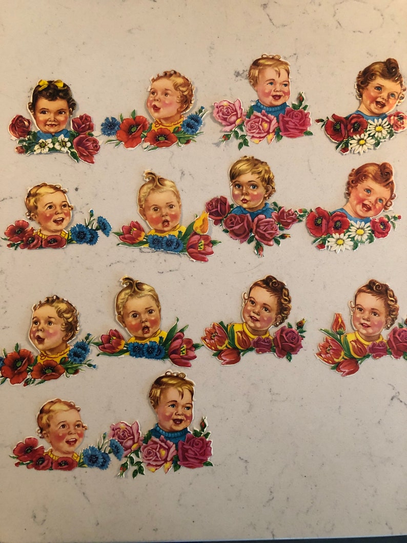 Vintage Swedish Lithographed Die Cut Scrap Bookmarks Babies and Flowers