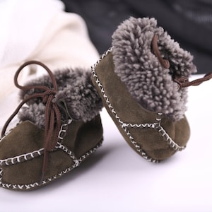 Handmade Baby Booties, Sheepskin Slippers, Soft Sole Baby Shoes, Baby Boy Gift