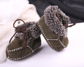 Handmade Baby Booties, Sheepskin Slippers, Soft Sole Baby Shoes, Baby Boy Gift