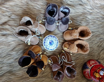 Traditional Baby Moccasins With Evils Eye, Leather Toddler Slippers, Sheepskin Slippers For Kids, Baby Winter Boots/0-12 Months