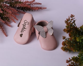 Butterfly Baby Girls Shoes, Genuine Leather Handmade Moccasins for Infant, Newborn, Toddler Baby Girl Shoes, Mary Janes