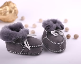 Handmade Baby Booties, Sheepskin Slippers, Soft Sole Baby Shoes, Baby Boy Gift