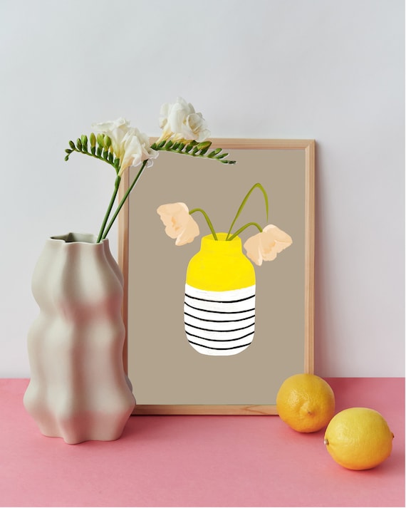 ART PRINT • Mio Vaso Lemon stripe  • Poster | Druck | Ute Arnold | Streifen | Flower | Wohnzimmer | Poster bunt | Dots | Blumen | bohostyle