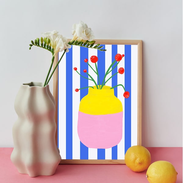 ART PRINT • Mio Vaso light Blue Stripes • Poster | Print | Ute Arnold | stripes | Flower | Living room | Poster colorful | Dots | flowers |