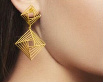 Geometrical Silver Statement Earrings, 925 Silver Gold Plated, Unusual Earrings, Unique Modern Dangling Earrings, Gift for her, Her Jewelry