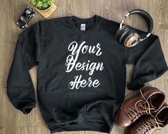 Gildan 18000 Sweatshirt Black mockup, sweater mockup, Gildan Gray Charcoal mockup, Tshirt mock up, Dark Sweatshirt mockup, Flat Lay